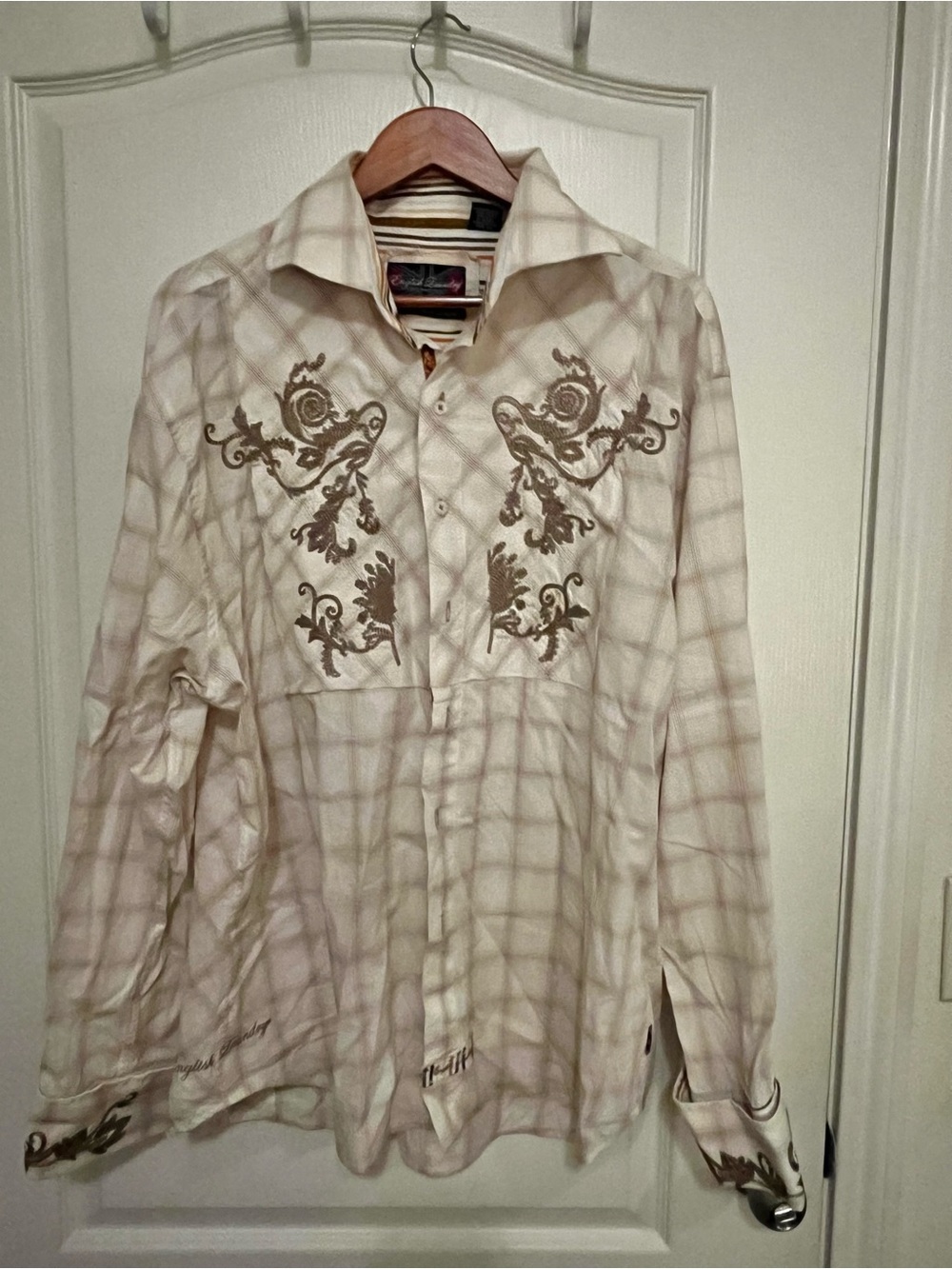 English Laundry Cream Plaid Embroidered Button-Down Shirt